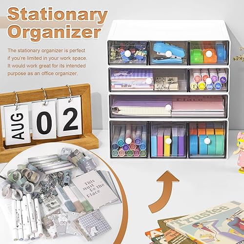 Miniatura 5 de Organizador de escritorio con 9 cajones, cajones de almacenamiento apilables de plástico de 4 niveles para almacenamiento de escritorio, organizador