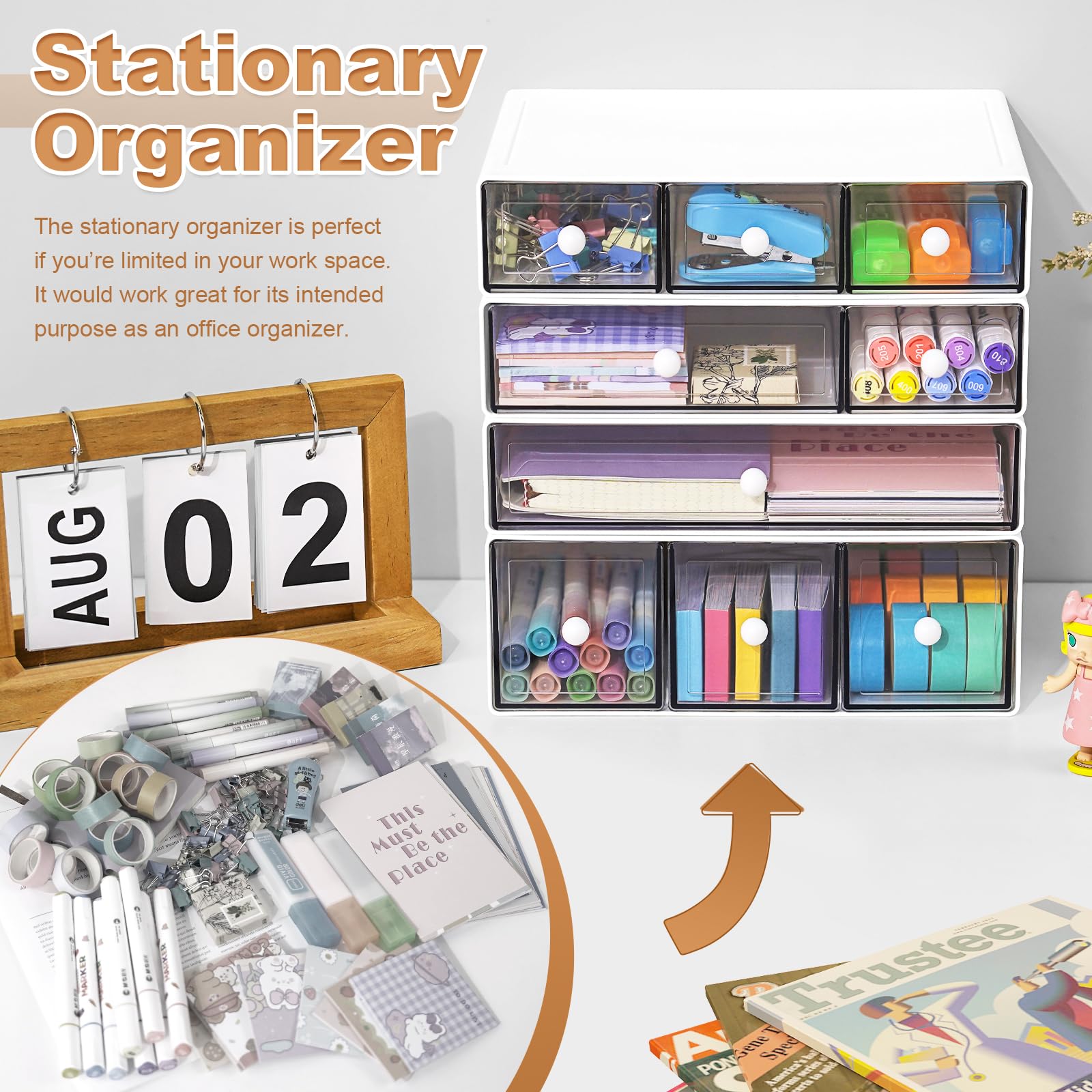 Organizador de escritorio con 9 cajones, cajones de almacenamiento apilables de plástico de 4 niveles para almacenamiento de escritorio, organizador de maquillaje de oficina para oficina en