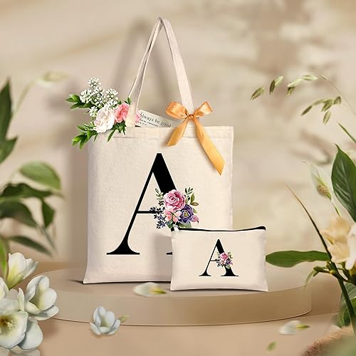 Miniatura 8 de Bolsa de mano con monograma para dama de honor, boda, bolsa de maquillaje de lona inicial con cremallera, regalos de cumpleaños personalizados para