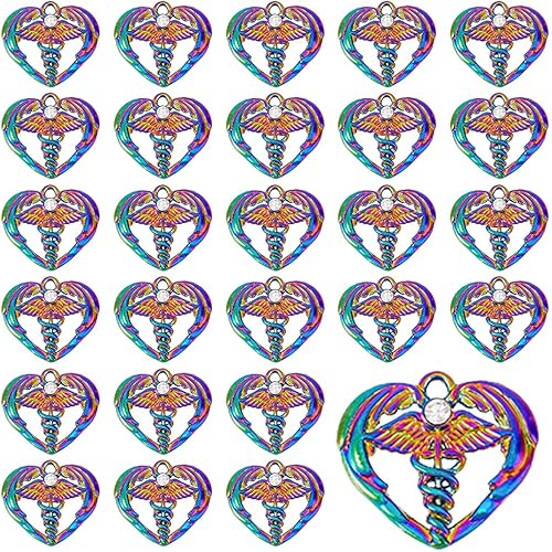 DICOSMETIC 30 dijes de corazón y caduceo, dijes huecos para enfermera médica, hada de color arcoíris con diamantes de imitación, colgantes de