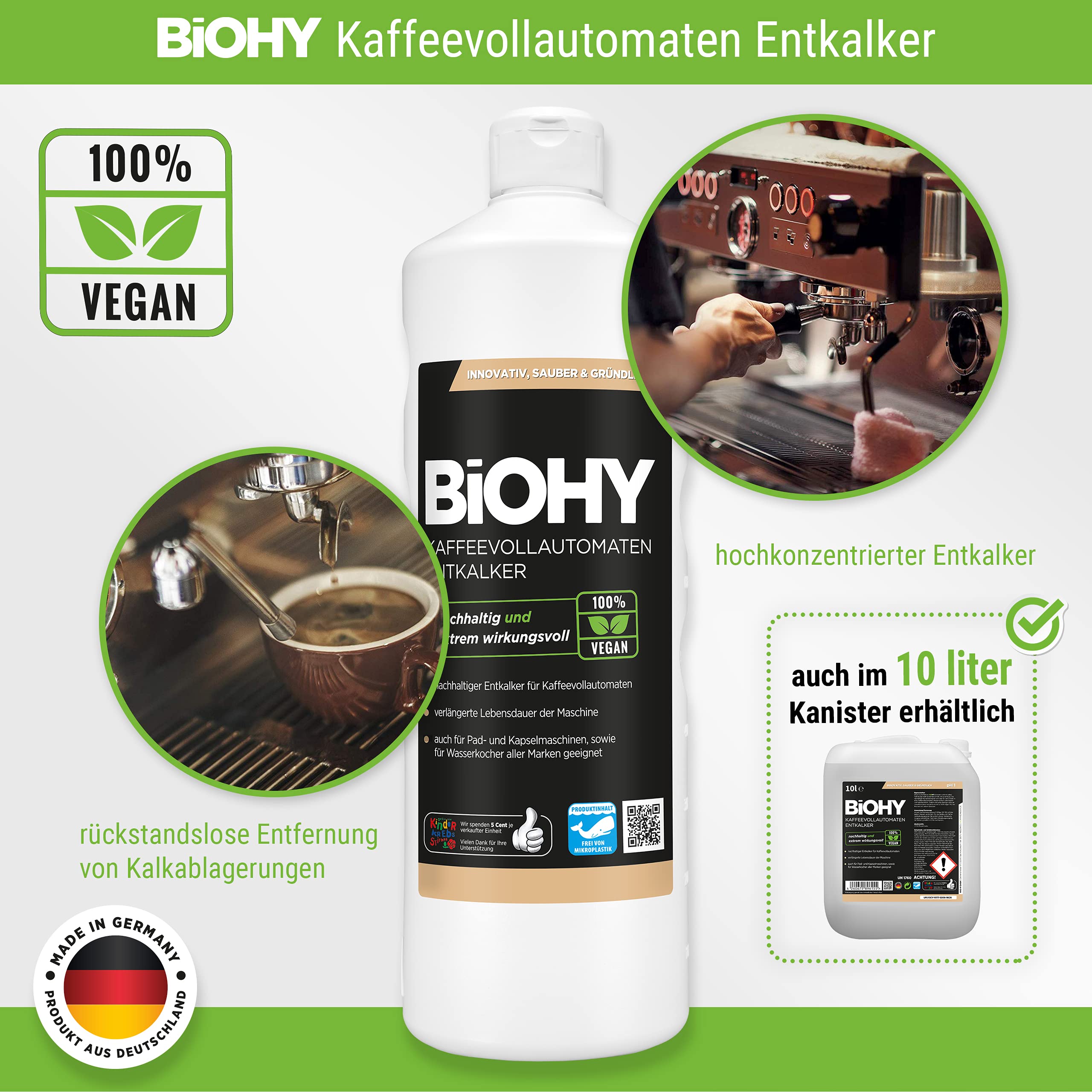 BiOHY Juego de descalcificador para cafeteras automáticas | Descalcificador de café botella de 1 litro | Pastillas de limpieza 40 unidades | Incluye dosificador