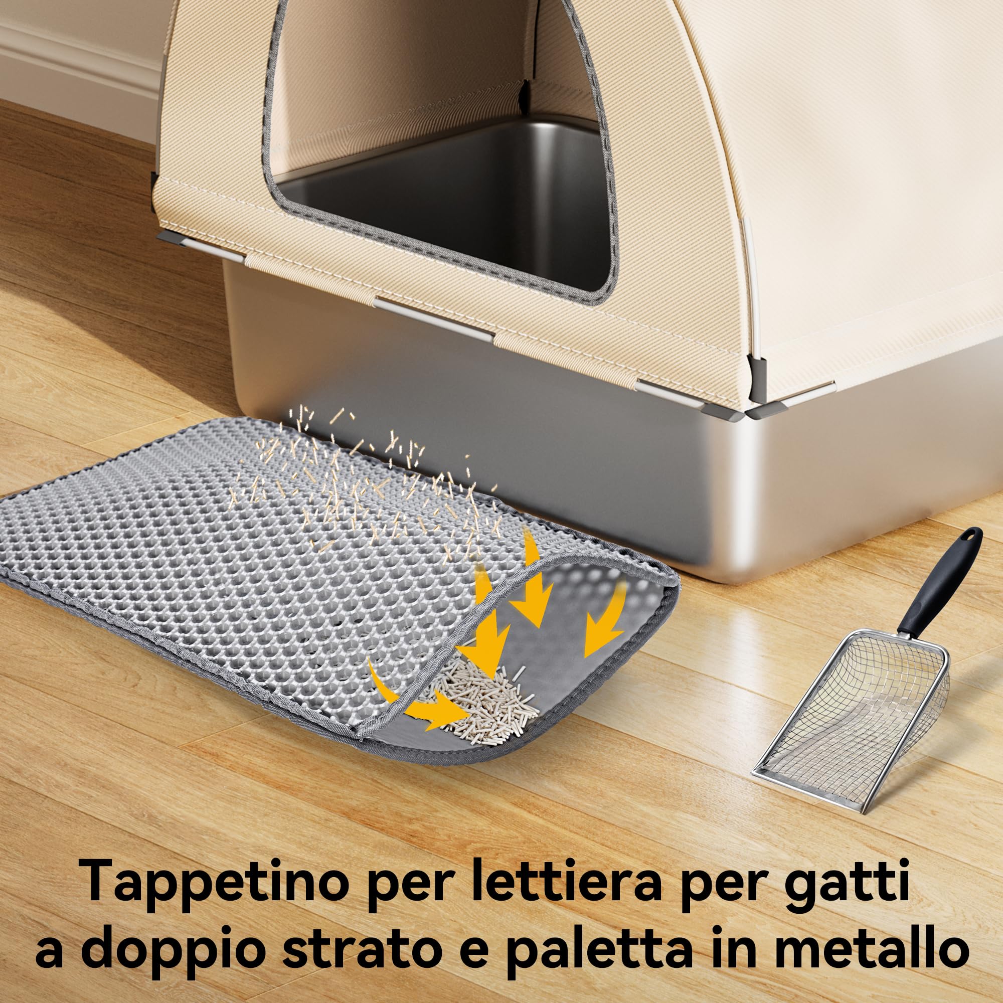 Meowant Lettiera per Gatti in Acciaio Inox, 85L Lettiera Gatto Chiusa XXL con Paletta e Tappetino, Deodorante, Rimovibile 60 x 40 x 60 cm Toilette per Più Gatti