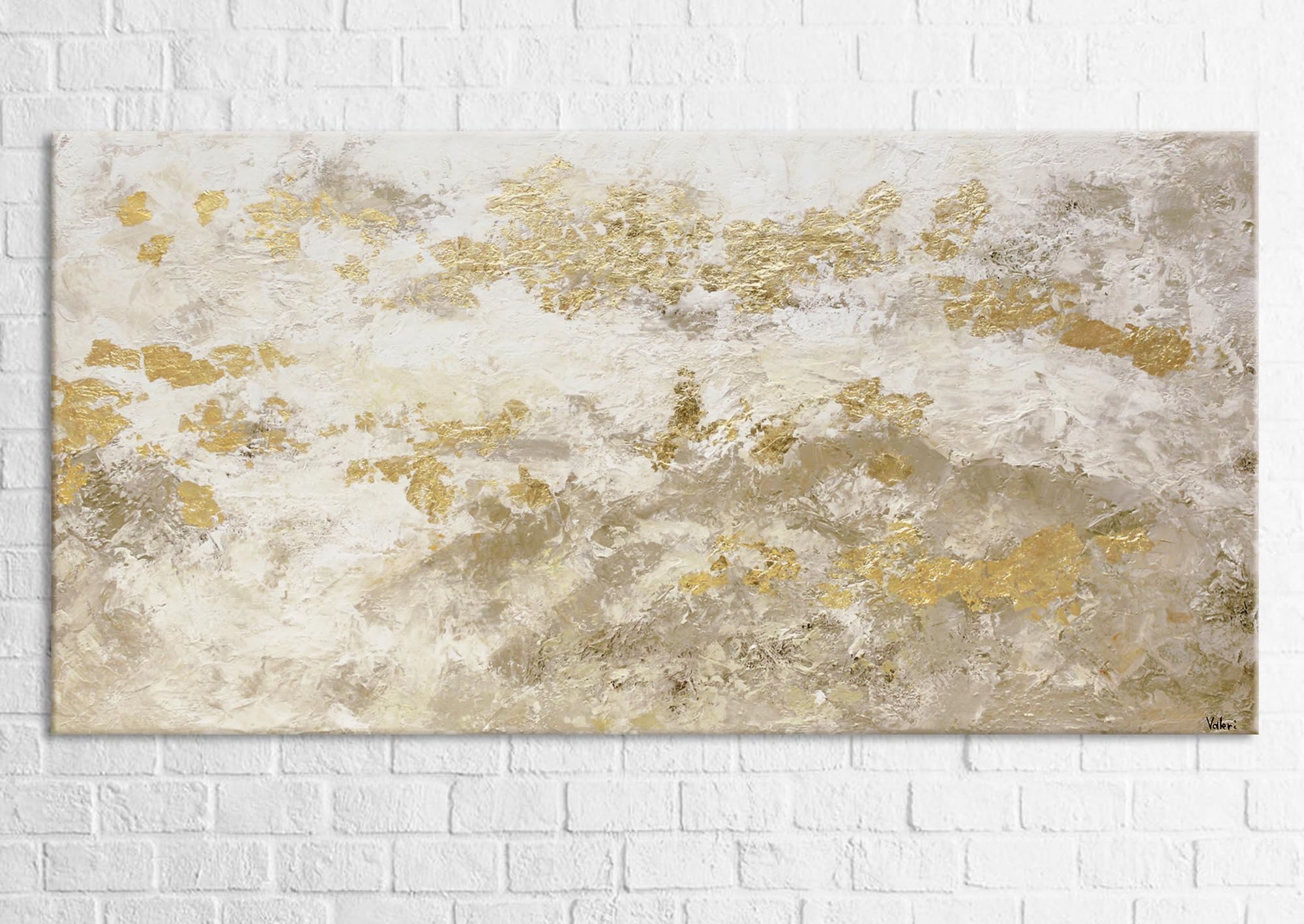 Abstrakt Acryl Gemälde auf Leinwand handgemalt mit Blattgold glänzendes Gold Wandbilder 200x100 cm