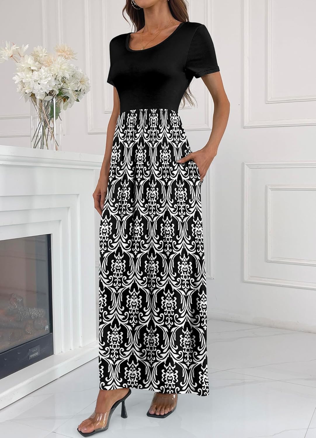 HAOMEILI Women's Short Sleeve Floral Print Scoop Neck Loose Plain Maxi Dresses Casual Long Dresses with Pockets(Black White 2XL) - Image 2