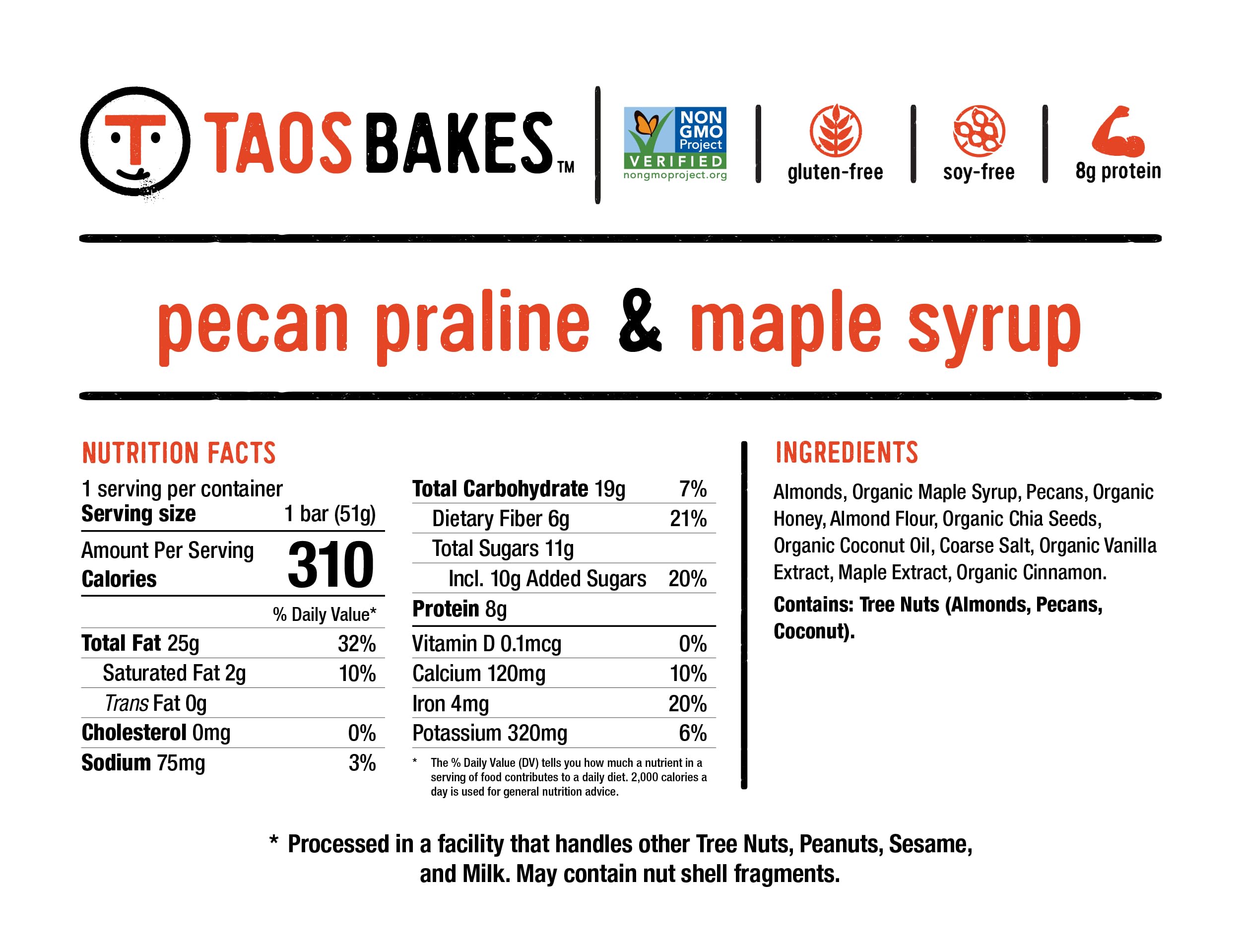 Taos Bakes Snack-Riegel – Pekannuspraline + Ahornsirup – glutenfrei, gentechnikfrei, pflanzliche Müsliriegel – gesunde und leckere gebackene Riegel – (12 Stück, 51 g Riegel)