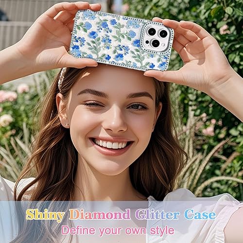 Miniatura 8 de EYZUTAK Funda de flores para iPhone 15 Pro Max, funda de teléfono con diamantes de imitación brillantes con borde de diamante brillante brillante,
