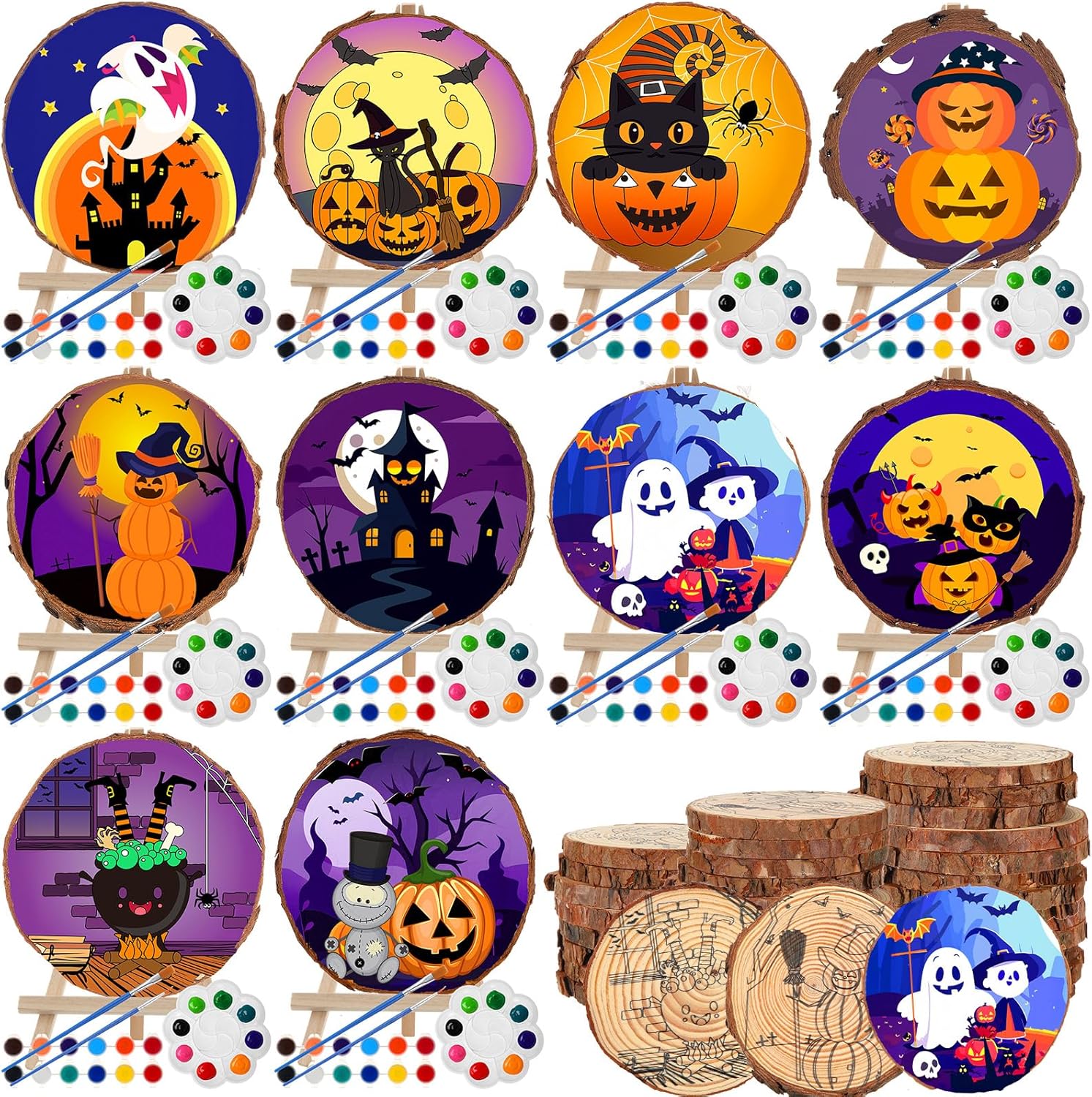 Zhanmai 10 Packs Halloween Painting Kits Halloween Natural Pre Drawn Wood Slices to Paint Printed Unfinished Wood Slices Pumpkin Paint Kit Pre Sketched Canvas for Painting Beginners, Gift, Party Favor
