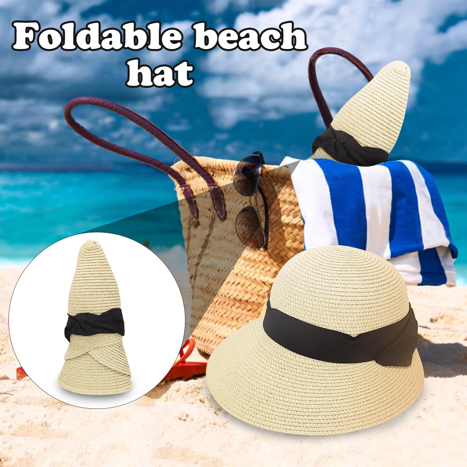 Cappello di paglia da donna, protezione UV, con tesa larga, traspirante, da spiaggia, pieghevole, per viaggi, vacanze