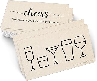 Drink Ticket Tan, 3.5x2 (50 Pack) Made in USA, Cute Simple Cocktail Design, Free Drink on Us Coupon for Weddings, Work Corporate Events, Parties, Thick Paper, Double Sided, Rustic Kraft Look