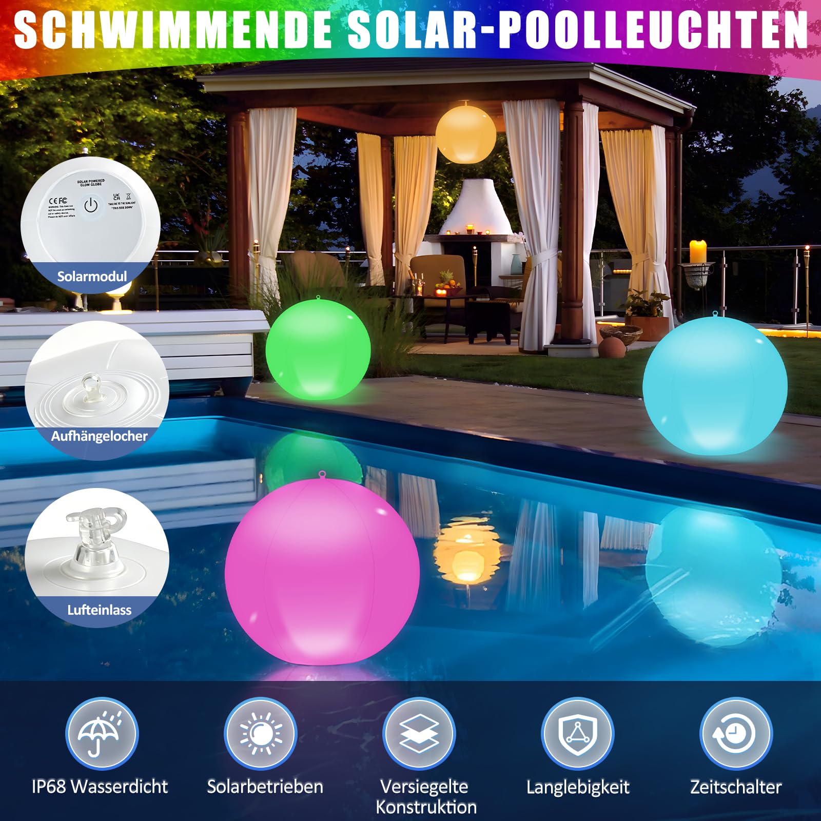 Schwimmende Poolbeleuchtung Solar, 4 Stück Poolbeleuchtung 16 RGB Farbwechsel Pool Lichter, Solar Schwimmende Pool Licht 34cm IP68 Wasserdichte Aufblasbare Solarleuchten für Garten, Teich, Party