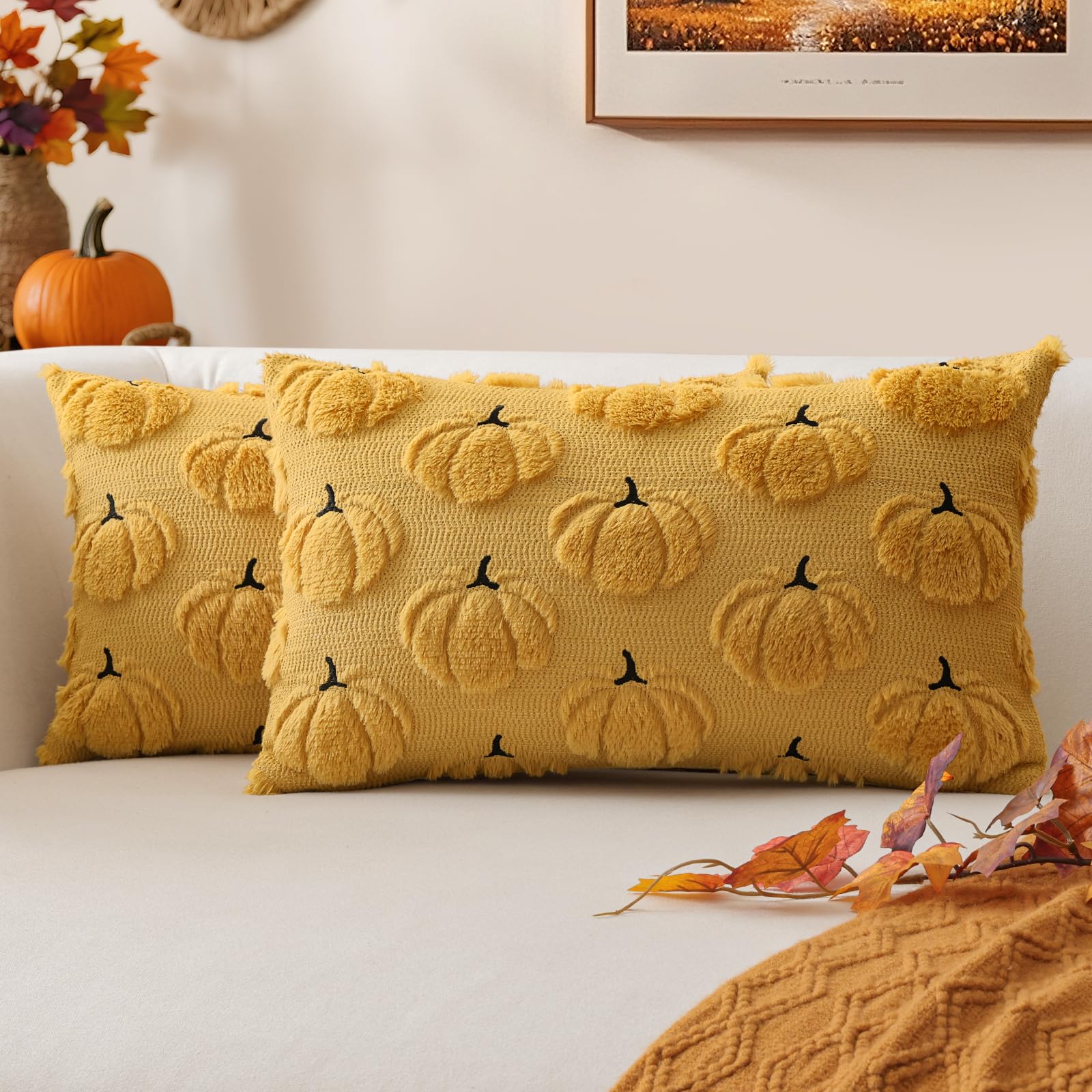 JOTOM Set of 2 Cushion Covers 40x60 cm Mustard Yellow Pumpkin Pillow Covers — image 1