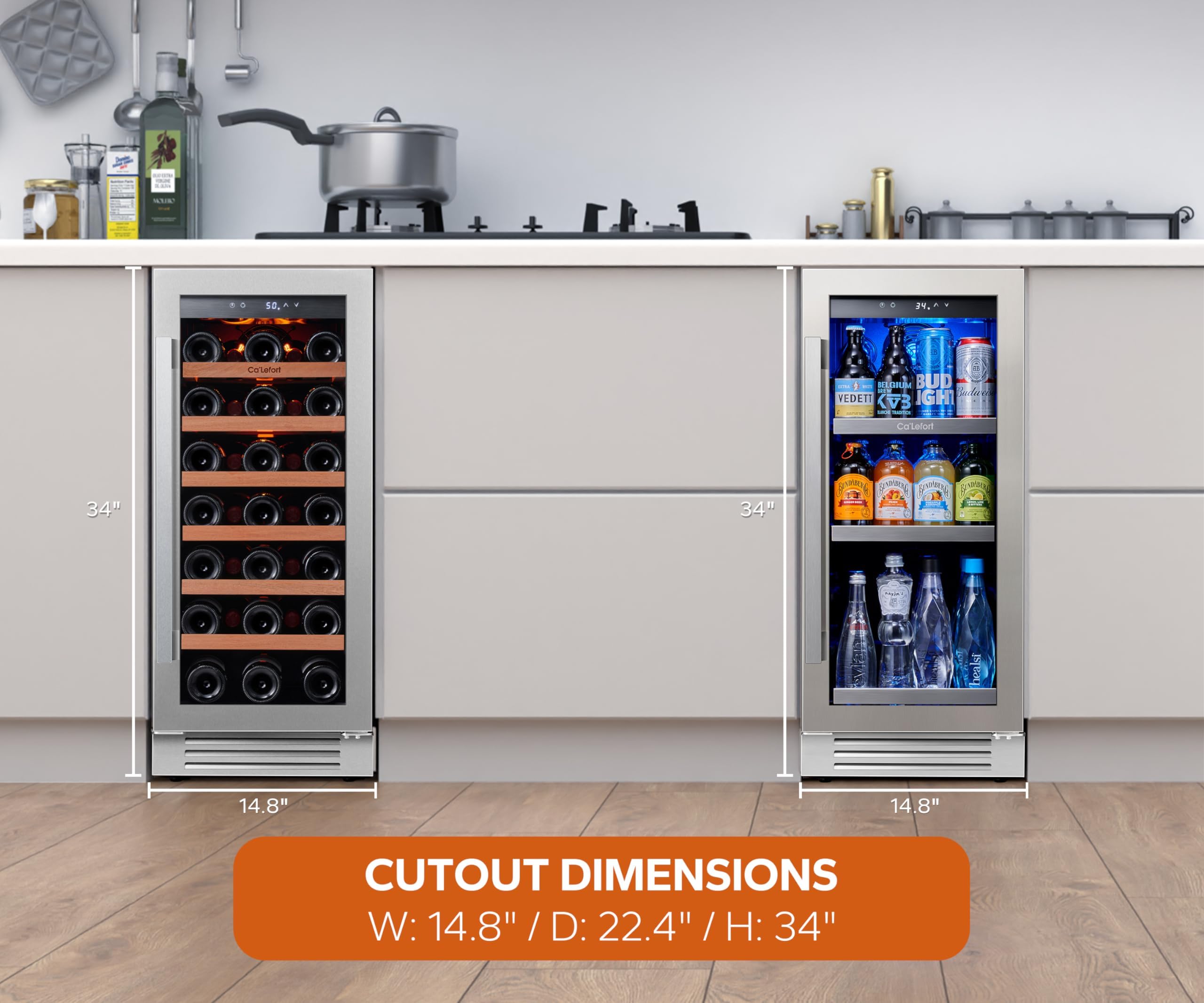 Ca'Lefort 30 Inch Wine and Beverage Refrigerator Cooler - 15 Inch Wine Cooler with 15 Inch Beverage Fridge, Built-in Drink Fridge with Glass Door 3 LED, Perfect for Home/Kitchen(6.0 Cu.ft)