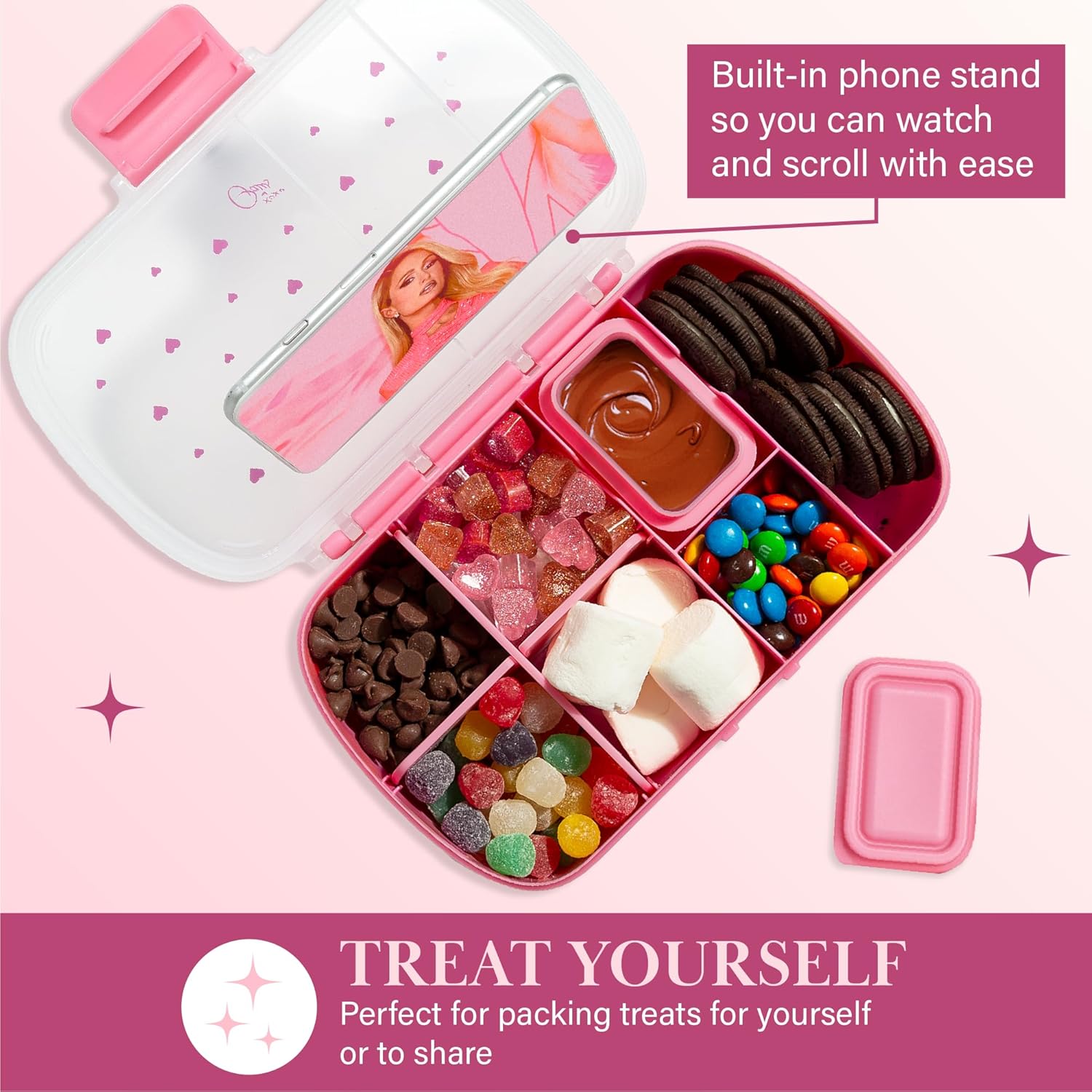 Paris Hilton 2-Pack Bento Style Snack Boxes, 7-Compartment Lunch Containers with Built-In Phone Stand, Removable Dividers and Dip Containers, Pink Heart Print - Image 7