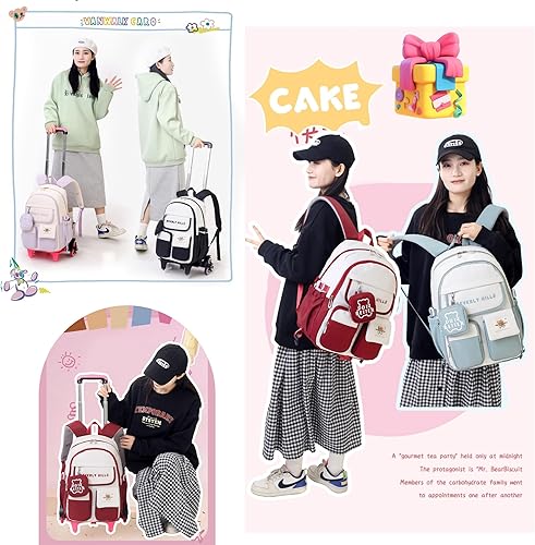 Miniatura 6 de ZHANAO - Mochila rodante con bloques de color para niñas, bolsa escolar kawaii con ruedas, mochilas con carro para estudiantes de primaria