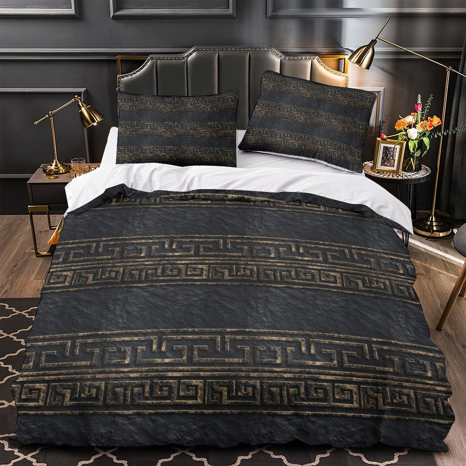 Parure de lit motif grec effet 3D ultra douce et résistante pour lit simple