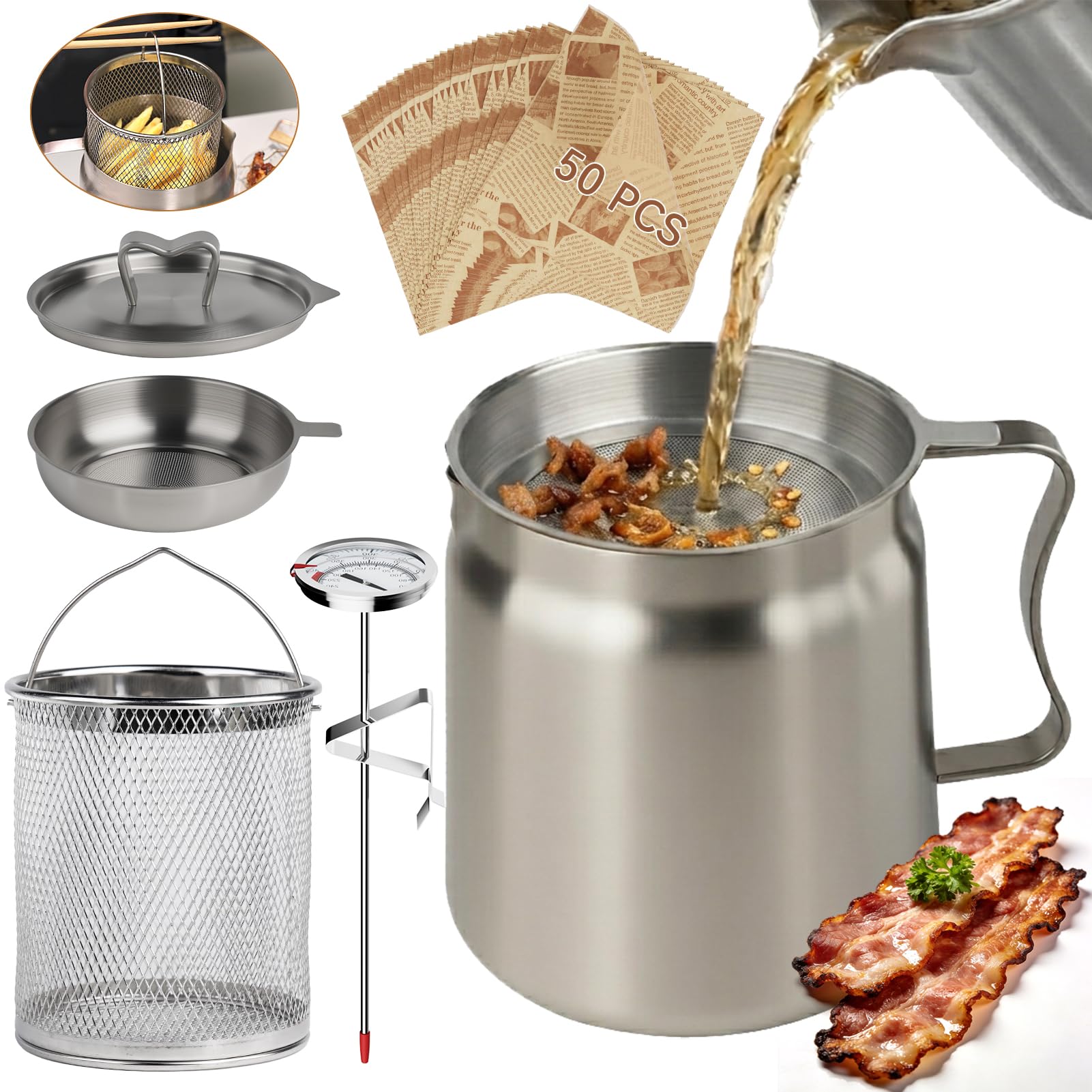Filtro de aceite de acero inoxidable de 2 L, protector de grasa de tocino con colador, 50 hojas de papel delicatessen, termómetro de carne, filtro de aceite de cocina extraíble, freír multifunción