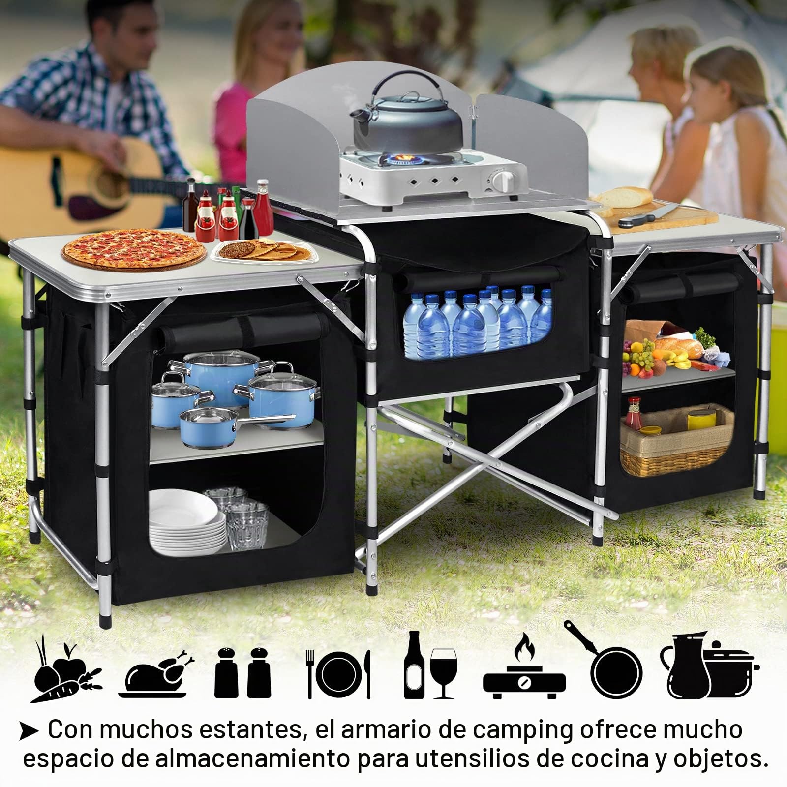 Froadp Armarios de Acampada de Cocina Plegables con Tapa de MDF y Bolsa de Transporte Mesa de Parrilla al Aire Libre Taquillas de Camping para BBQ Viaje Jardín Balcón Campaña (Tipo A, 174x46x110cm)