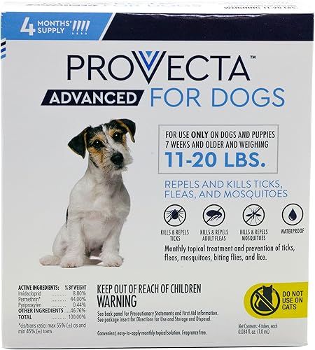 Provecta Tratamiento tópico avanzado para pulgas y garrapatas para perros medianos (11 a 20 libras), suministro para 4 meses
