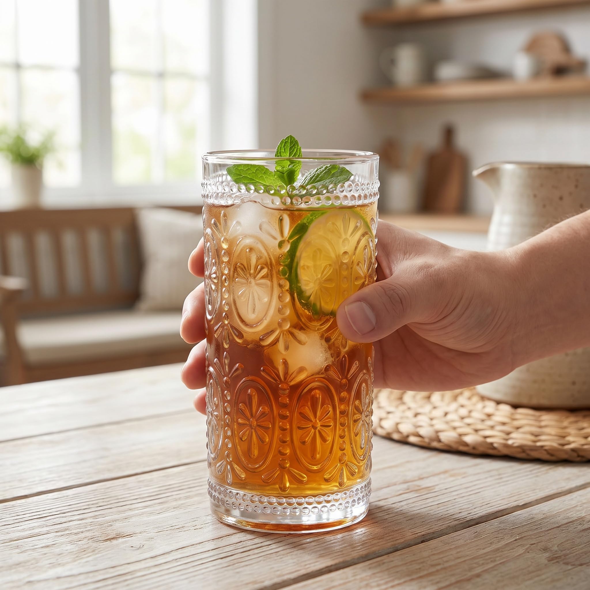 Bekith Juego de 6 vasos de agua románticos de 12 onzas, vasos de alta calidad para bebidas, cerveza, refrescos, juego de cristalería vintage para cenas, bares, restaurantes
