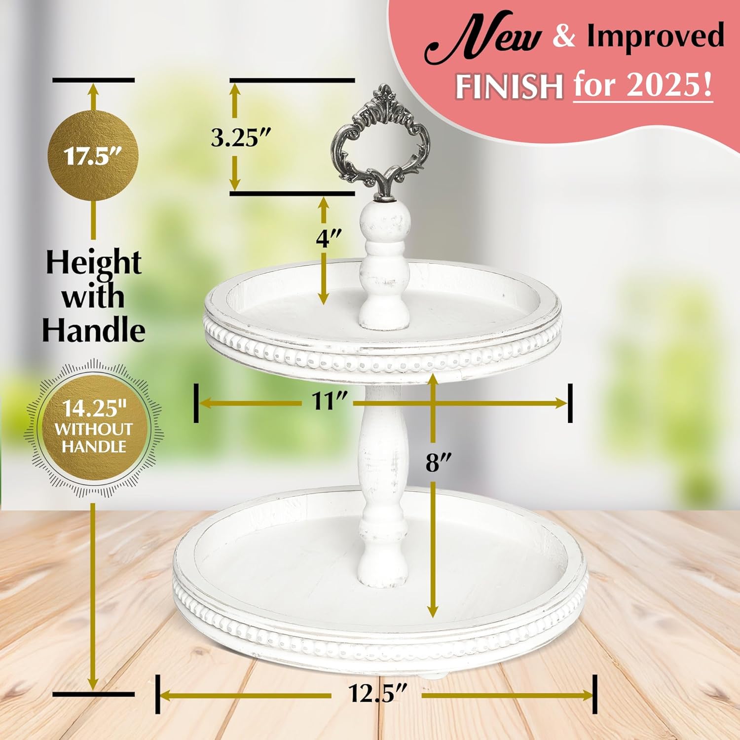 Tiered Tray + Risers Bundle - 2 Tiered Wooden Serving Stand + Set of 3 Beaded Wood Display Risers | Farmhouse Kitchen & Coffee Bar Decorative Trays | Includes 3 Custom Handles (White)