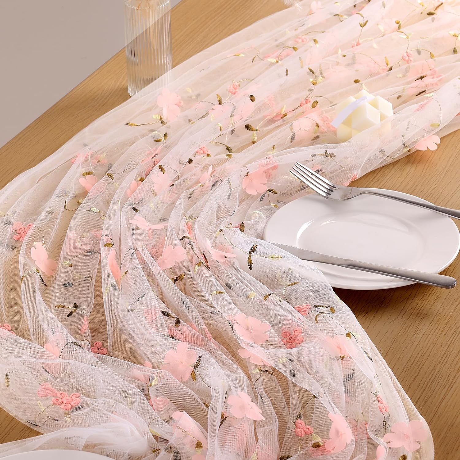 6 Pack Embroidery Floral Table Runner Rustic Spring Summer Wildflower Tulle Table Runner Vintage Flower Tabletop Runners Decoration for Home Wedding Party, 108x24.5 Inch (Pink Flowers)
