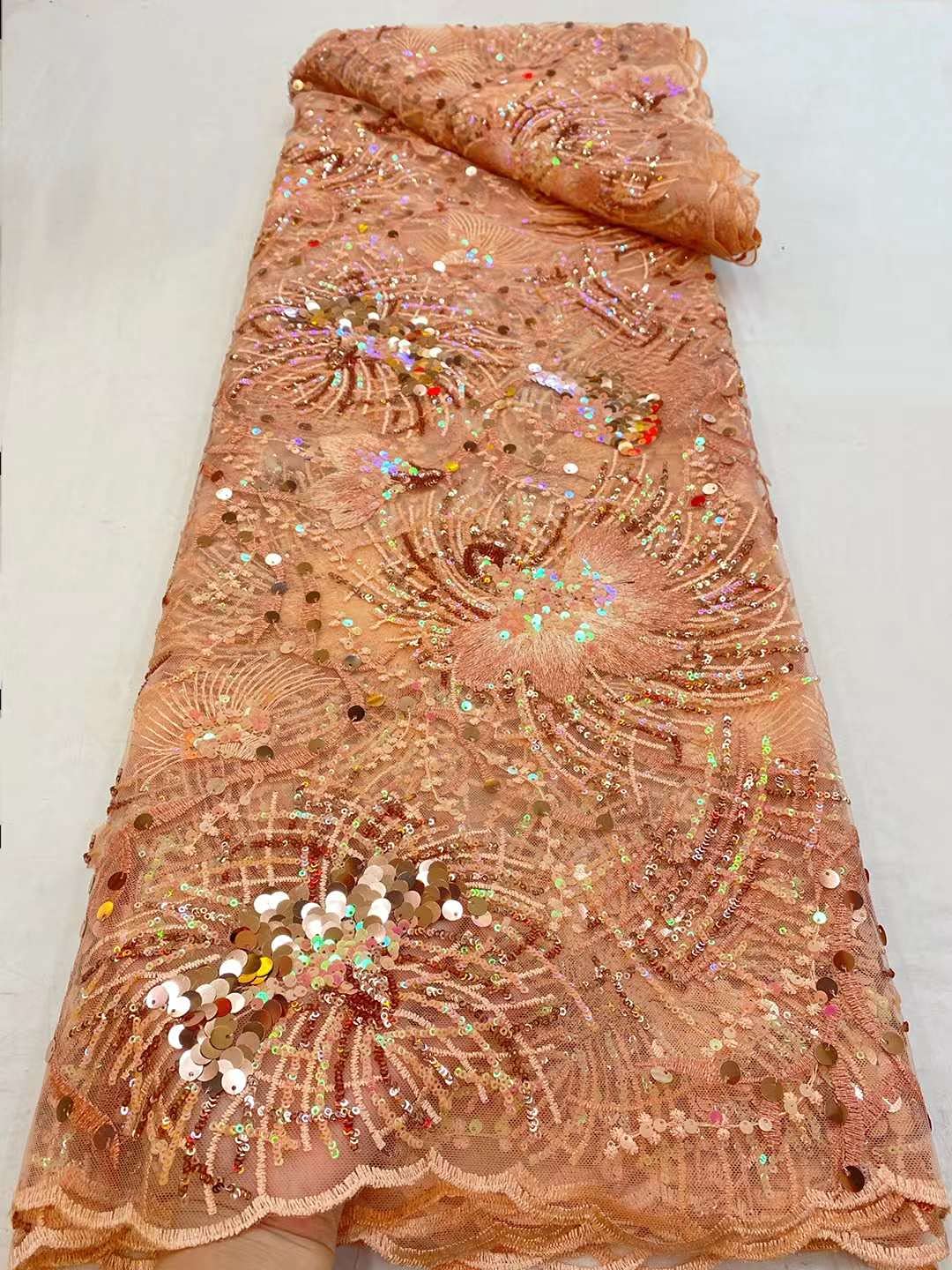 Milylace Amazing Sequins French Lace Fabric Shiny African Embroidery Net Lace Fabric Tulle Laces Fabrics 5 Yards Per Lot (Peach,5 yards)