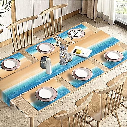 Miniatura 6 de Juego de 6 manteles individuales y camino de mesa de playa de verano con acuarela, color azul y amarillo, tropical, Hawaii, juego de tapetes de