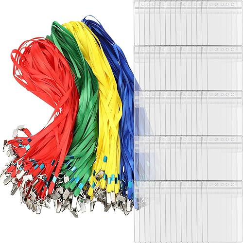 Sherr 400 piezas de cordón transparente y soporte de identificación, etiquetas horizontales de nombre, soporte para insignia, cordón reutilizable