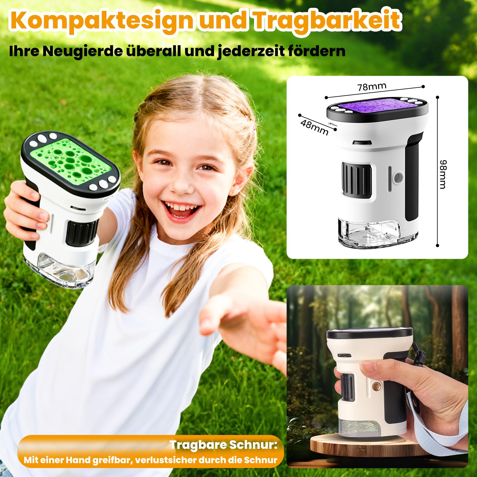 FIVAVA 1000X Mikroskop für Kinder, tragbares Digitales Mikroskop mit 2,0-Zoll-IPS-Display, Kinderlupe, USB-aufladbar, inkl. Objektträgerset, 32G-Speicherkarte und Ständer, Kids-Gartenspielzeug