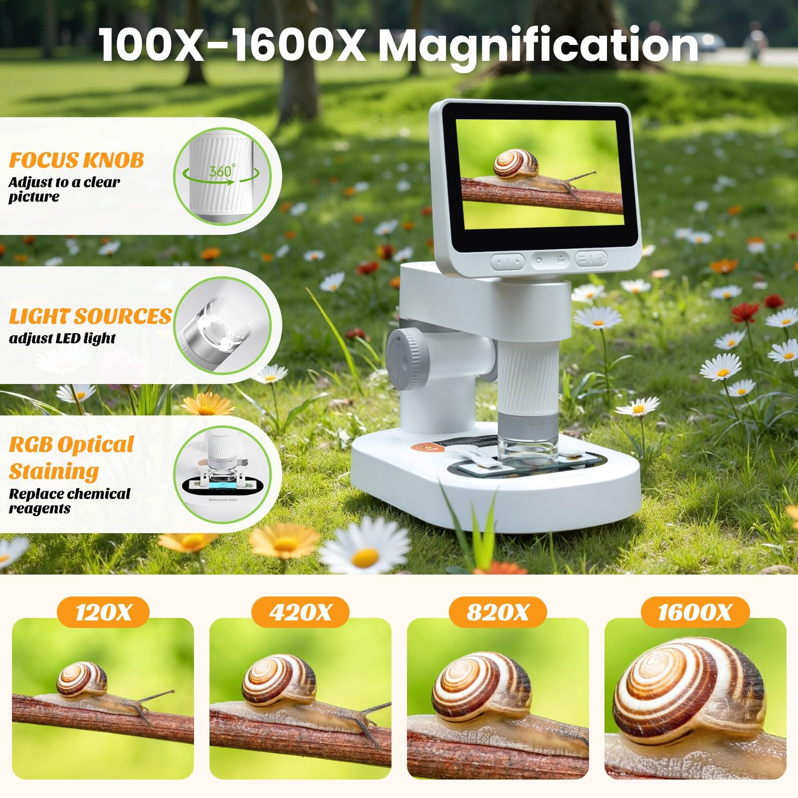 Digitales Mikroskop für Kinder, 100 x 1600 x tragbares Mikroskop für wissenschaftliche Experimente
