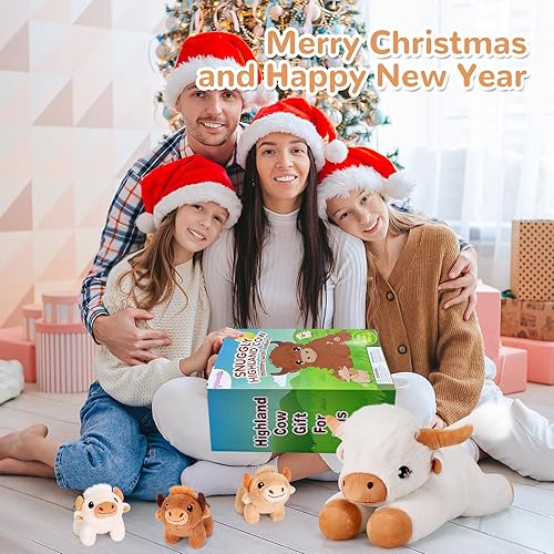 Miniatura 7 de 4 piezas de animales de peluche de vaca de las tierras altas, 1 vaca de peluche para mamá con 3 bebés, regalos de vaca blanca para niñas de 3 a 8