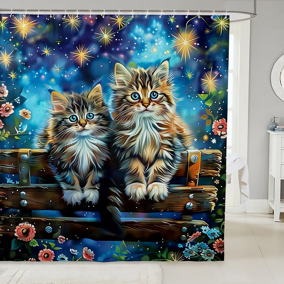 Cute Cat Bathroom Curtain,Colorful Fireworks Flower Shower Curtain,Pet Animal Vintage Art Painting Waterproof Curtain for Kids Girls Adult Room Decor,