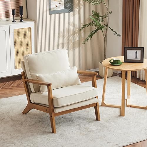 Miniatura 9 de VINGLI Silla decorativa de madera maciza con reposabrazos anchos, silla moderna tapizada de mediados de siglo con almohada, cómoda silla de lectura,