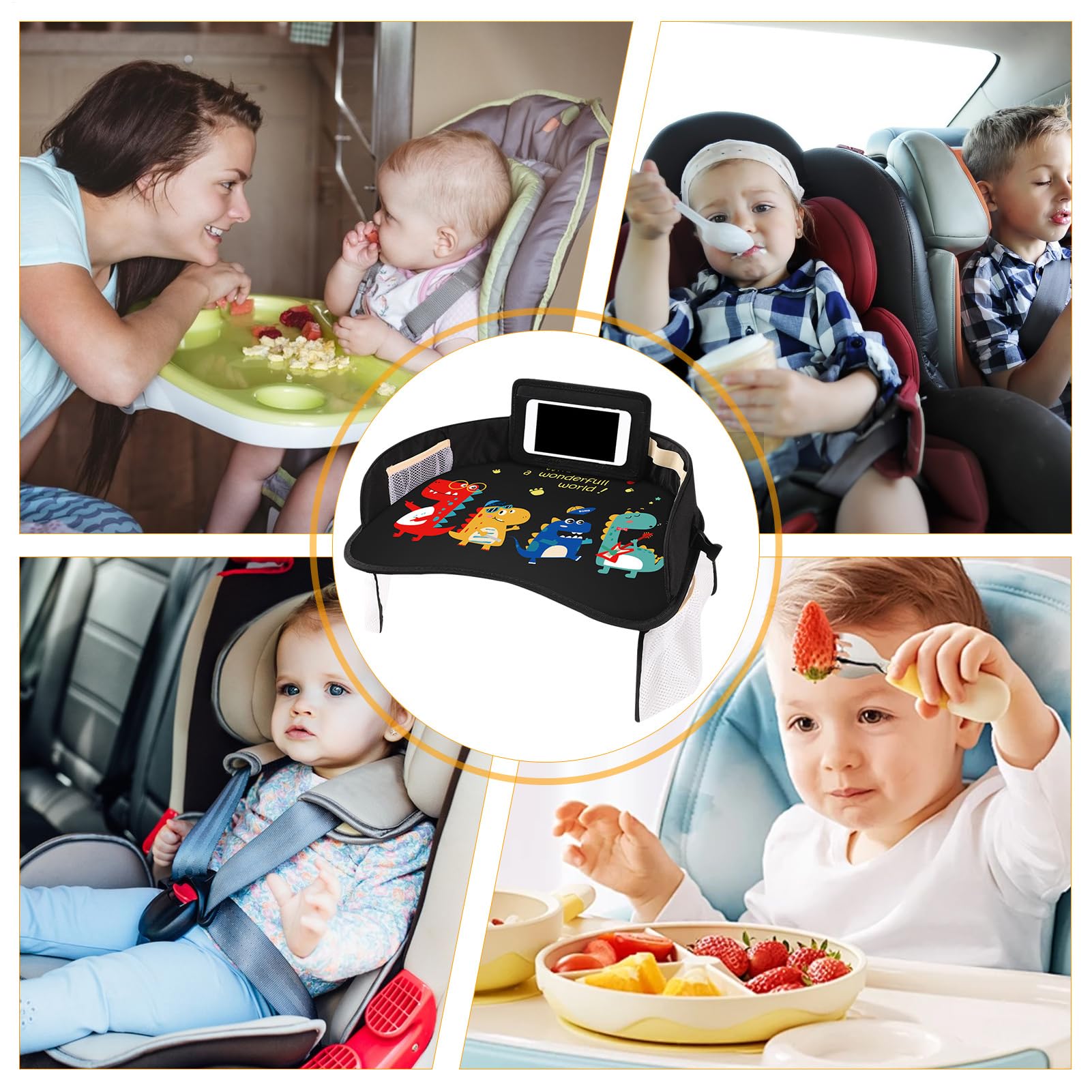 Bandeja de viaje para niños: mesa de actividades impermeable para asiento de coche, escritorio portátil con espacio para guardar juguetes | Soporte para refrigerios, superficie de dibujo para niños pe