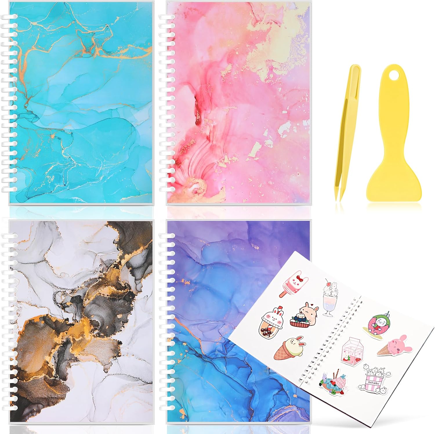 Sabary 4 Pcs Sticker Album A5 Book with Spatula Tweezer, Marble Style