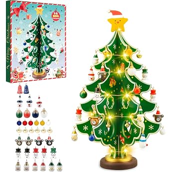 Dalugo Advent Calendar 2025 24 Days Countdown Advent Calendar Wooden Christmas Tree with Fairy Lights and 28 Mini Ornaments for Christmas Table Decoration Party Favours