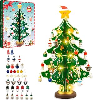 Dalugo Adventskalender 2025, 24 Tage Countdown Adventskalender Hölzerner Weihnachtsbaum mit Lichterkette und 28 Mini-Ornamenten für Weihnachten Tischdekoration Party Gastgeschenke