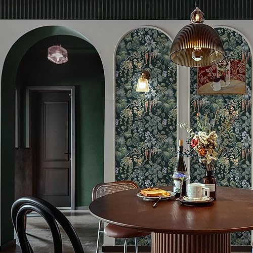 Vista 65 de Ismoon Papel tapiz verde para despegar y pegar, diseño bohemio floral y hojas en papel adhesivo grueso, papel adhesivo botánico oscuro, extraíble