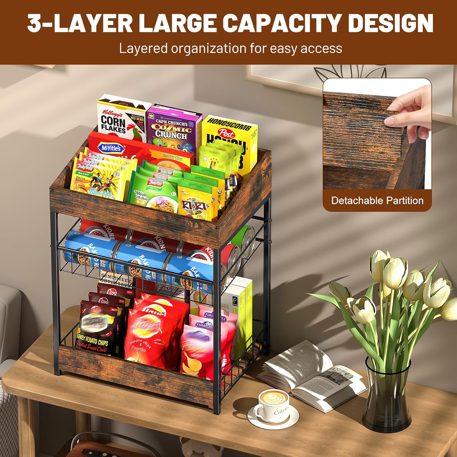 Candy Display Rack, 3 Tier Snack Rack Display for Countertop, Snack Organizer for Pantry, 6 Adjustable Compartment, Retail Display Shelf for Kitchen, Counter, Office, Brown
