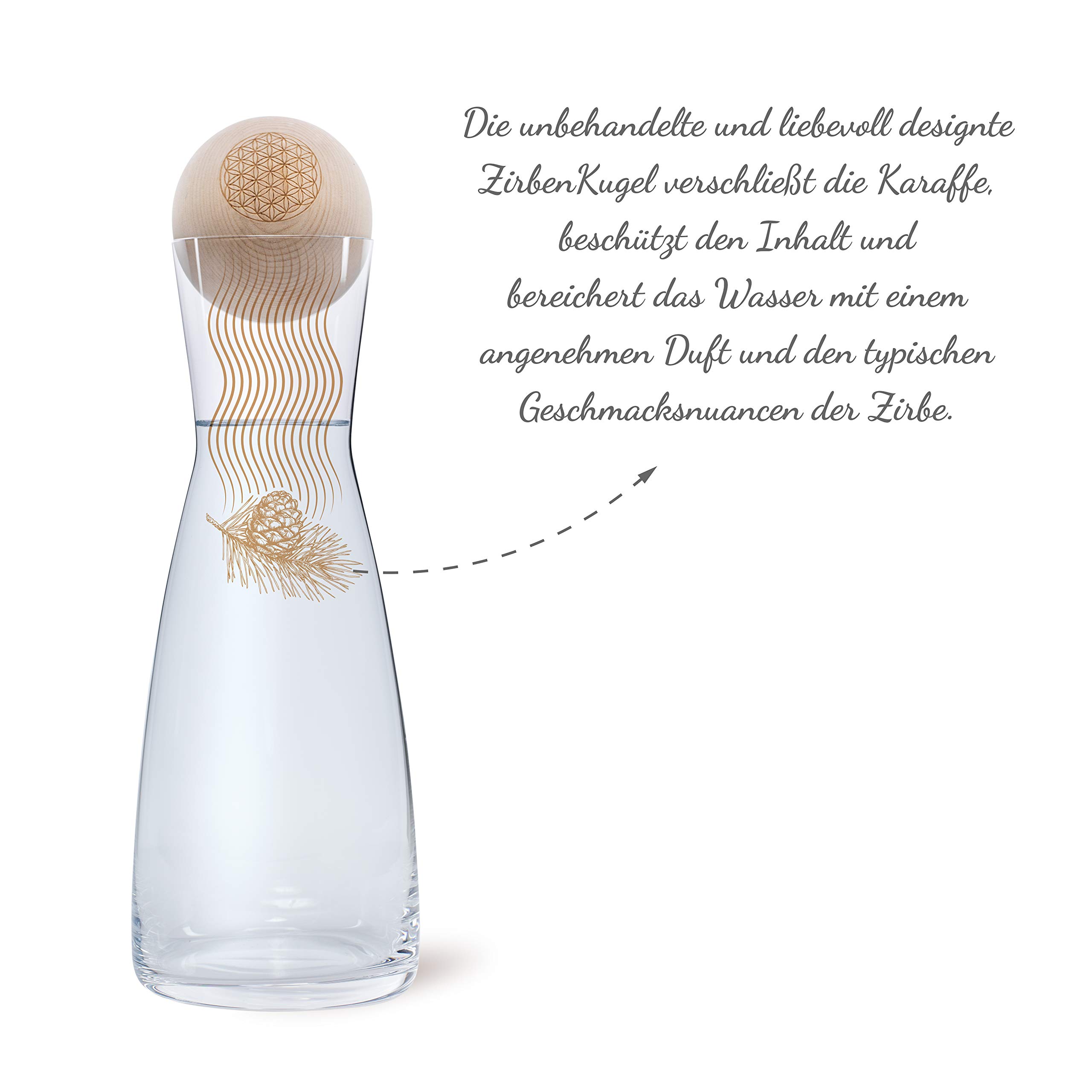 Zirben Familie® Juego de bolas de pino cembro original | confiere al agua un toque especial | Jarra de 1 litro de cristal con tapa de madera de pino | Flor de la vida Edición Flor de la Vida