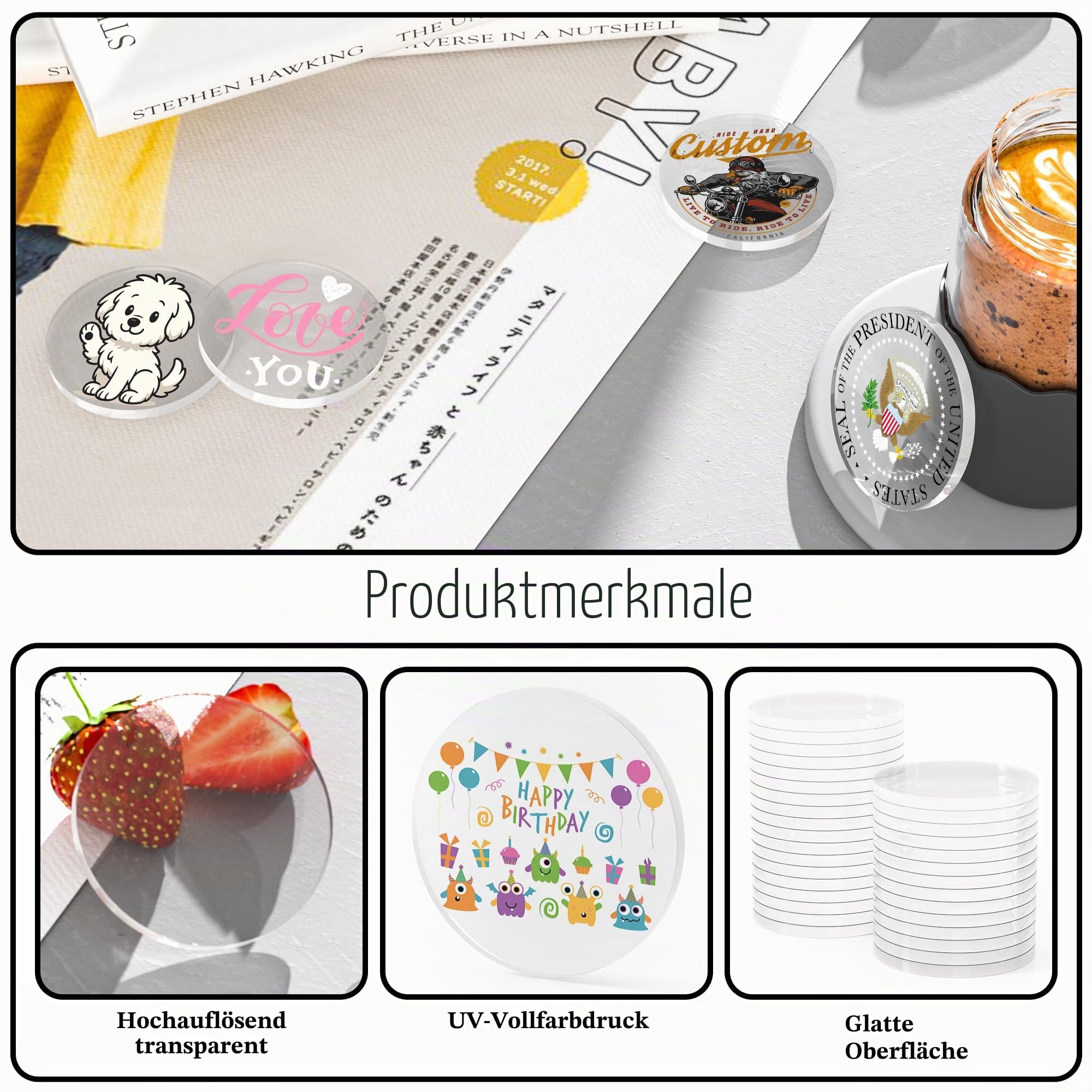 100 individuelle Acryl-Poker-Chips, personalisiert Ihr eigenes Logo, Bild und Text, doppelseitiger Vollfarbdruck, individuelle Getränke-Chips für Bar, Party, Visitenkarten und Werbeaktionen