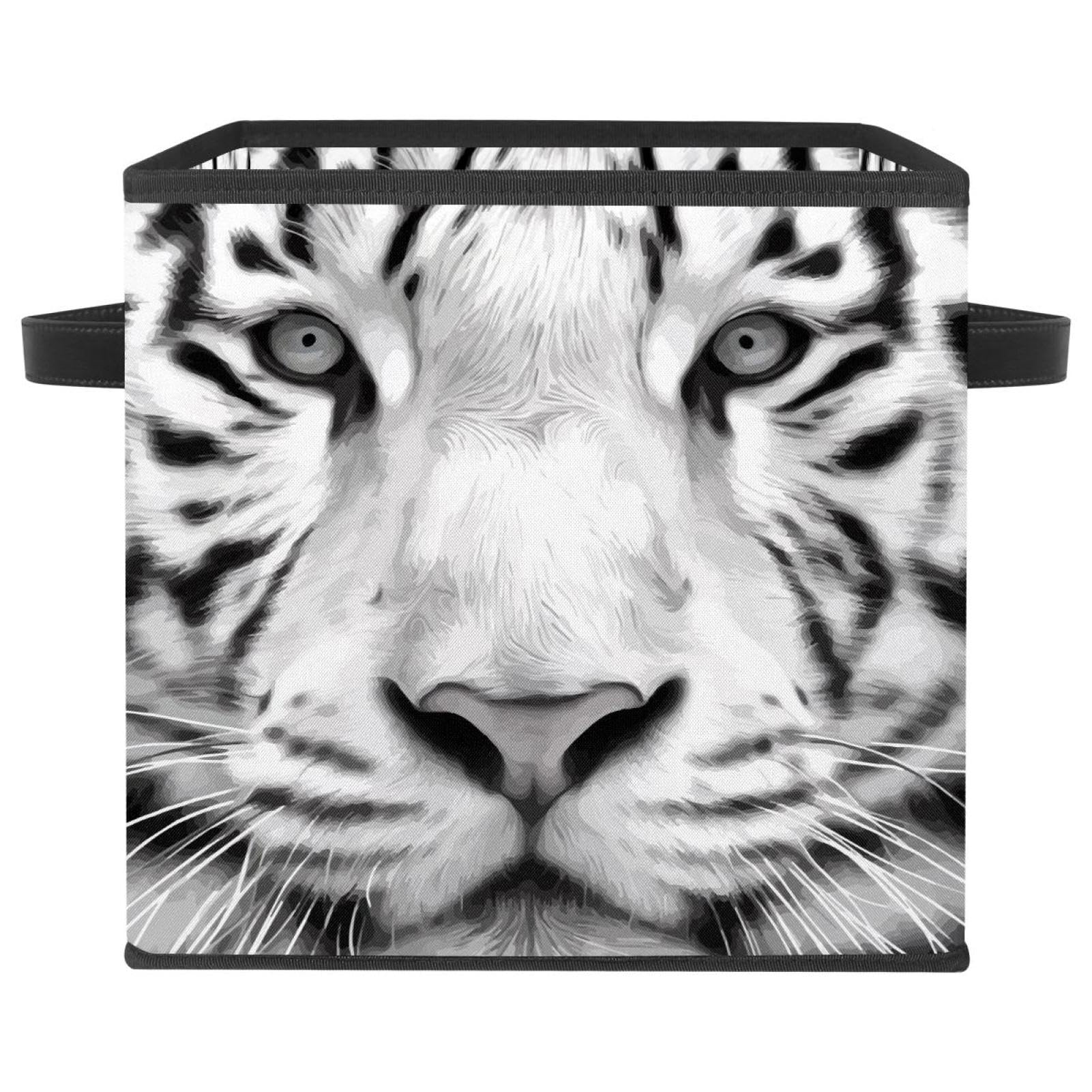 Boîte de rangement pliable tigre blanc en tissu cube avec poignées pour la maison