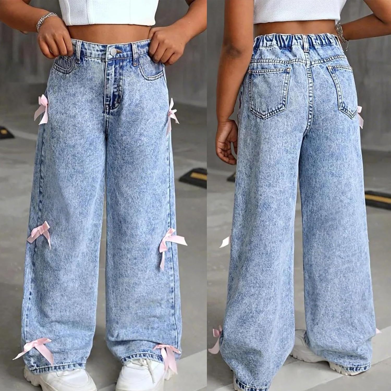 Baggy Jeans for Girls Cute Bow Wide Leg Denim Pants High Waisted Trousers Teen School Trendy Y2k Streetwear with Pockets