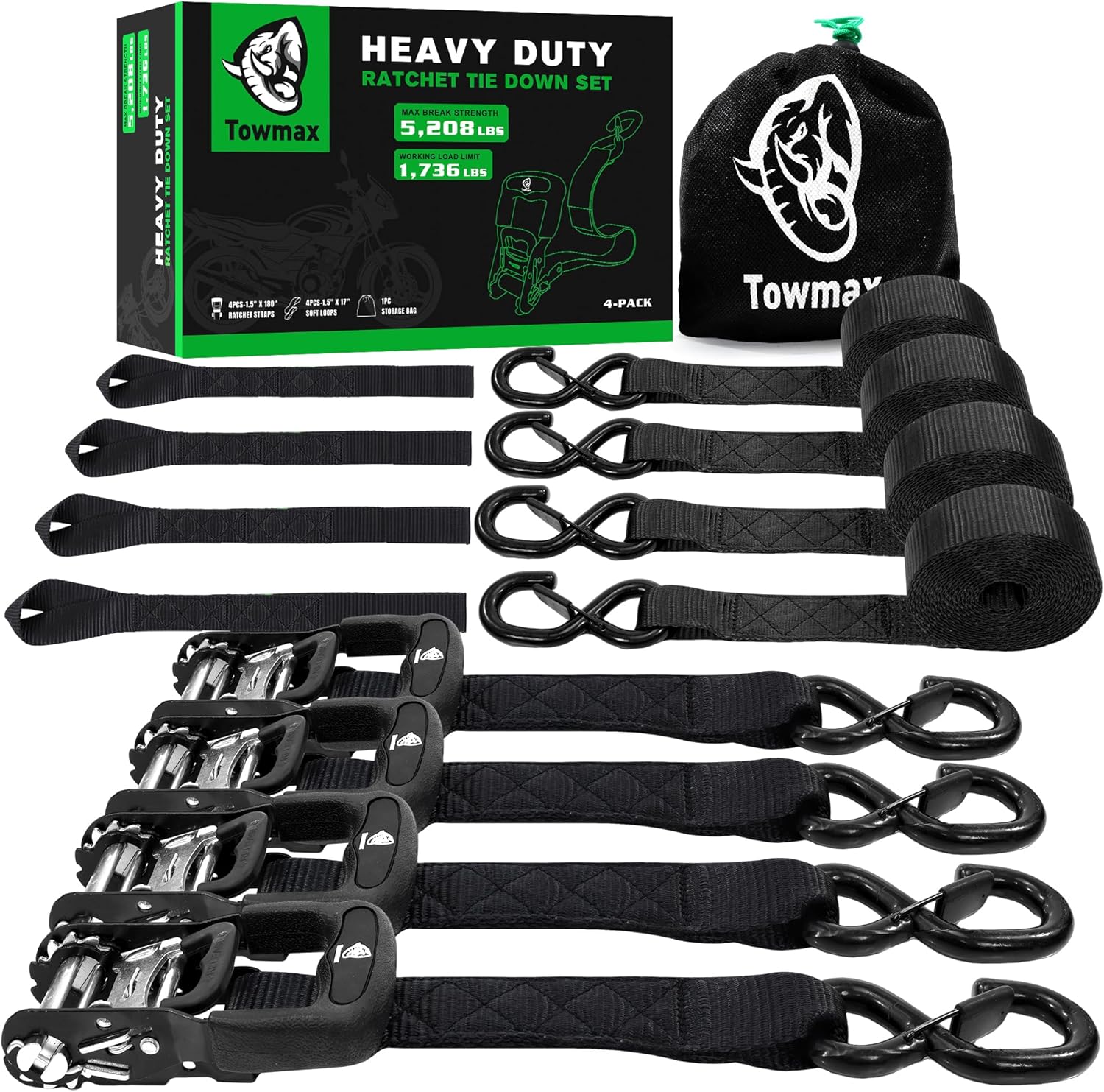 Heavy Duty Ratchet Straps (4 Pack) - Motorcycle Straps Tie Downs 5,208lb Break Strength - 1.5 in x 15ft Ratchet Tie Down Straps,15" Soft Loop Tie Down Straps for Truck, Cargos