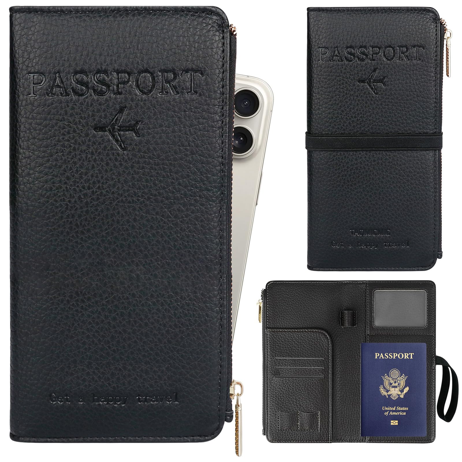 TIGARI Leather Passport Holder, RFID Blocking Wallet for Women, Zipper Pocket Card Slots, Travel Document Organizer (Black)