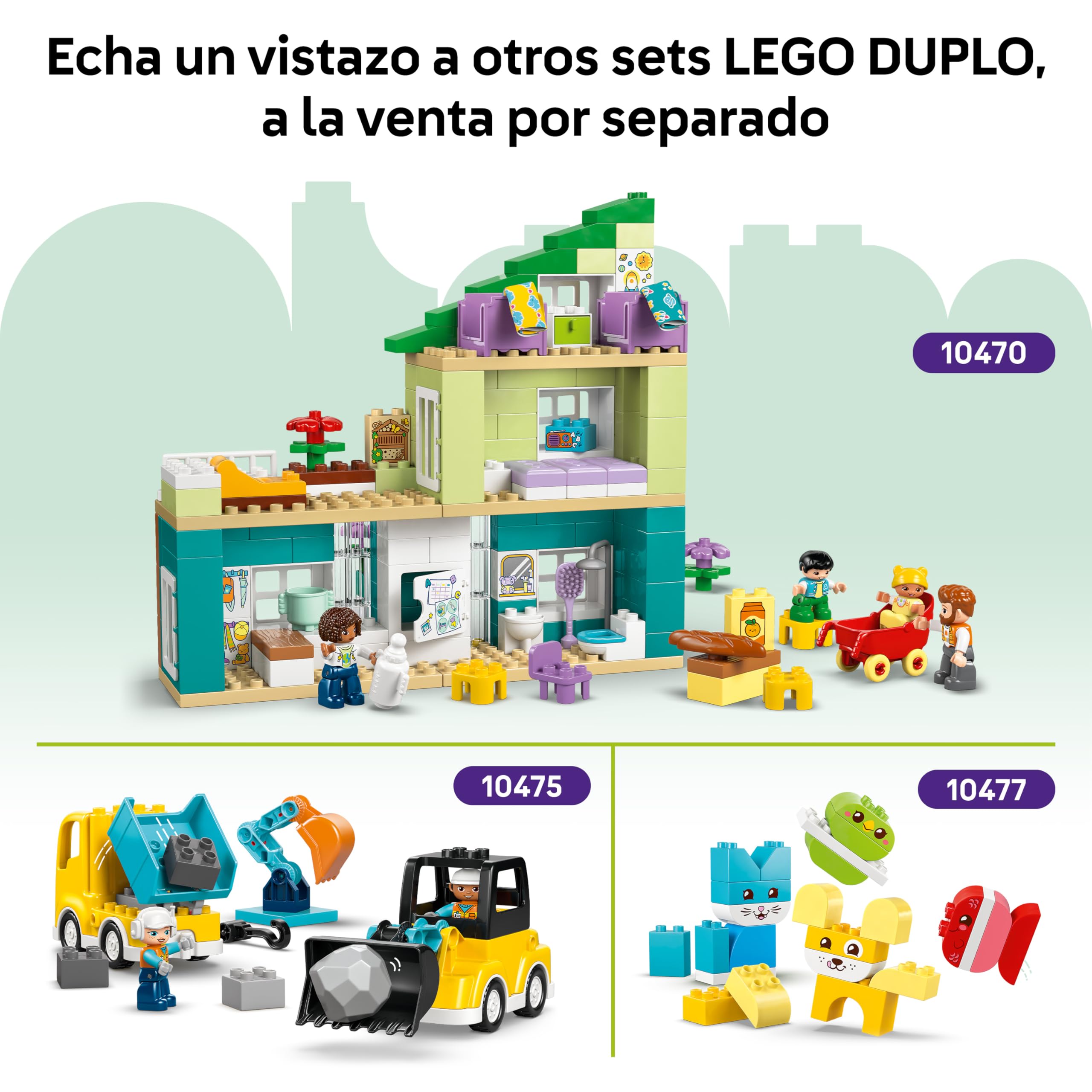 LEGO Duplo Obra y Vehículos de Construcción “3 en 1” - Juego Educativo para la Motricidad Fina - Camiones, Grúas, Excavadoras y Hormigoneras de Juguete - Regalo para Niños y Niñas de 3+ Años - 10476