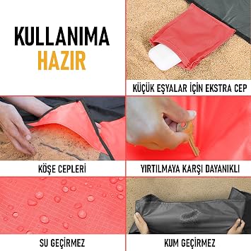 Haegs Cep Yer Örtüsü, Piknik Örtüsü Kamp Matı, Plaj Yer Örtüsü, Su Geçirmez, Kum Tutmaz, Hızlı Kurur, Katlanabilir Zemin Örtüsü Açık Hava Kamp Yürüyüş Seyahat için - El Askılı 180-150cm - Kırmızı