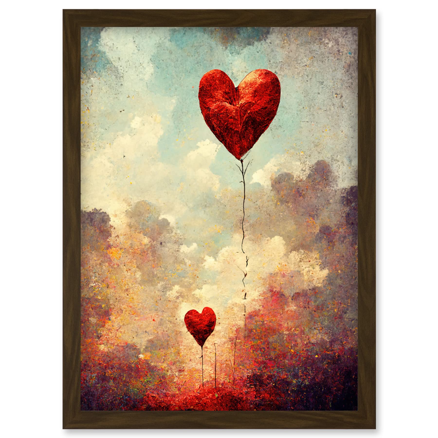 Doppelganger33 LTD Modern Abstract Floating Red Love Heart Balloons Artwork Framed Wall Art Print A4