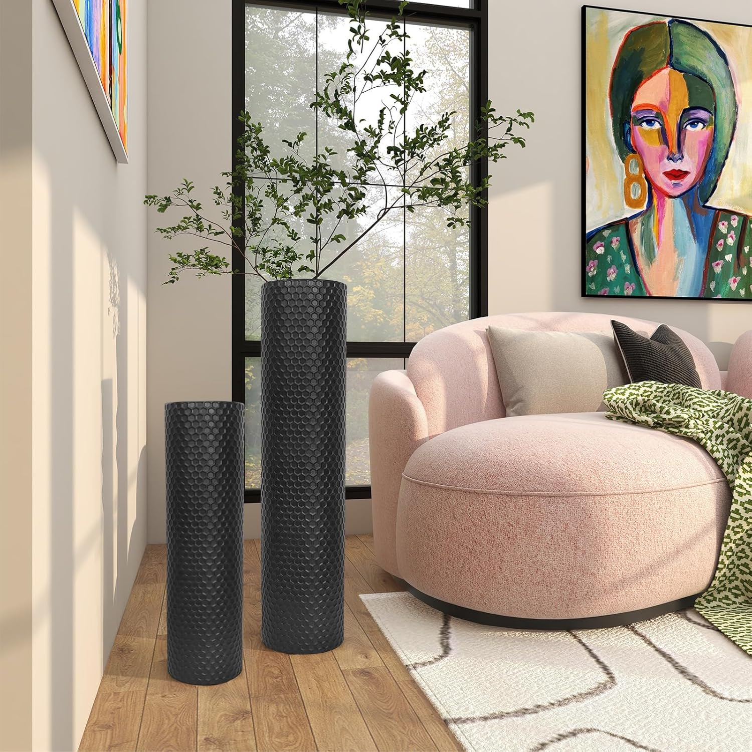 Set of 2 Black Cylinder Floor Standing Vases Large 27/21in Tall Metal Decorative Vase Honeycomb Texture Modern Home Decor for Dining Room Living Bedroom Hallway Corner - Image 2