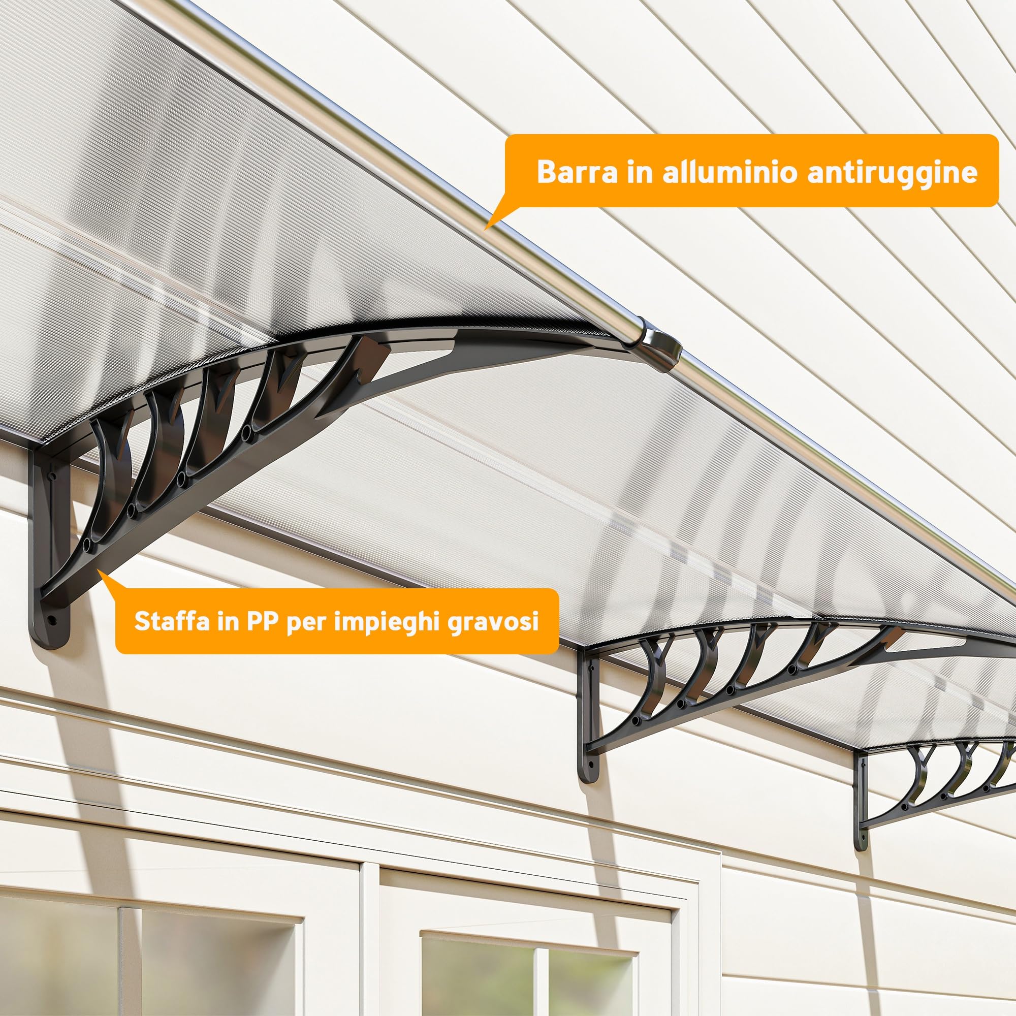 Outsunny Tettoia per Esterni Curva con Viti e Bulloni Inclusi, Pensilina in Policarbonato, PP e Alluminio, 90x295x23.5 cm, Nero e Trasparente